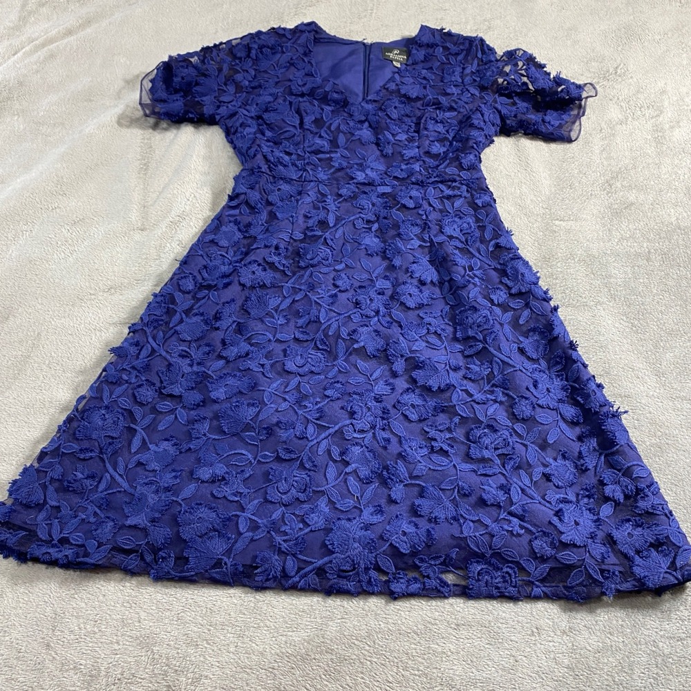 Adrianna Papell Dress Size 2 Blue Floral 3D Lace V-Neck A-Line Cocktail Preppy
